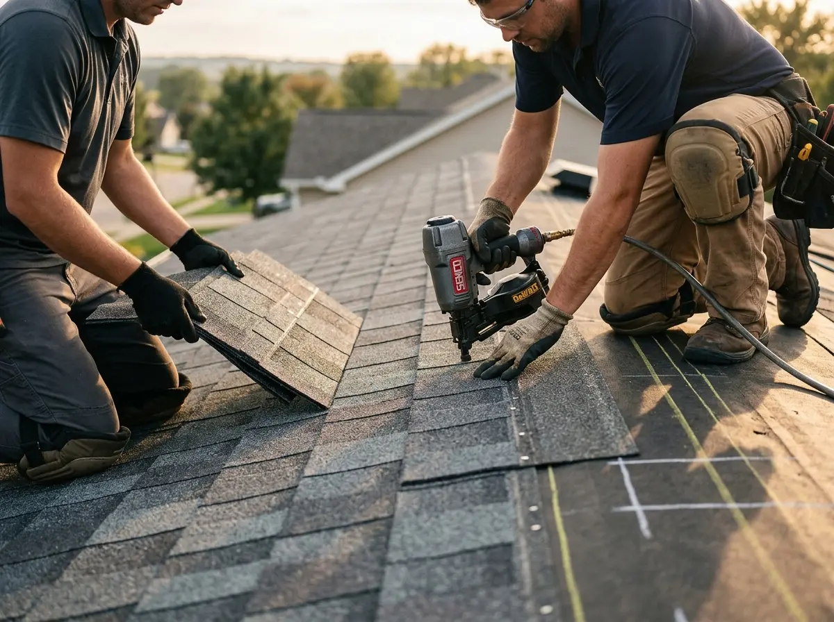 Professional roofer working on a residential roof in DuPont